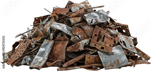 A pile of rusted and weathered scrap metal pieces including bent sheets and tubes with visible corrosion and texture recycling junk waste debris industrial material old dirty