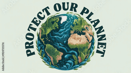 Protect our planet earth environmental conservation vector illustration with globe and text