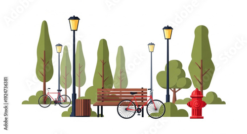 Park scene with bench, bicycles, lampposts, and fire hydrant, a tranquil setting.