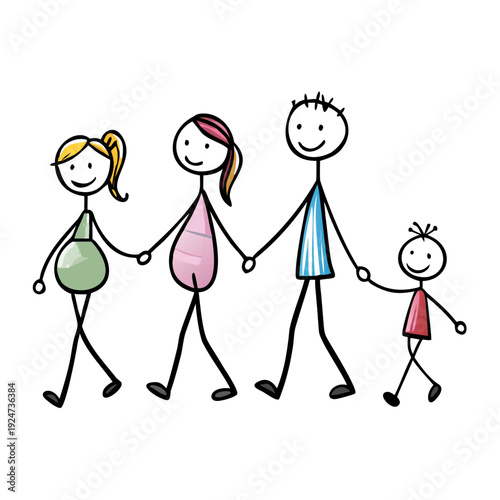 Vector cartoon stick figure drawing conceptual illustration of family of man and pregnant woman walking together and holding hands with two children, boy and girl.
