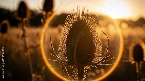 Cinematic video of golden sunset over thistle field with warm light and lens flare