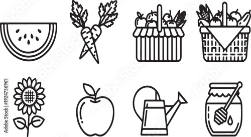 A delightful assortment of fruits, vegetables, and gardening tools Vector