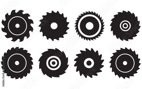 Industrial Circular Saw Blade Icon Set – Black Silhouette Woodworking, Carpentry and Cutting Tool Vector CollectionWeb