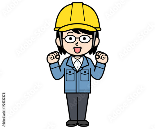 ガッツポーズするヘルメットをかぶった現場監督の中年女性