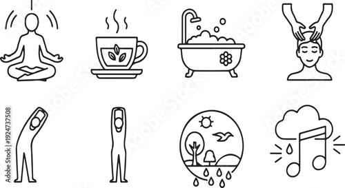 Illustrations of various activities for relaxation and self-care Vector