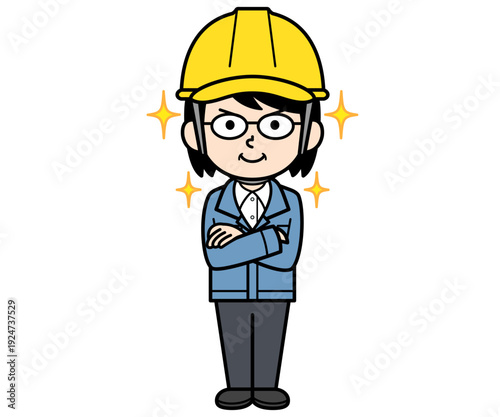 自信満々なヘルメットをかぶった現場監督の中年女性