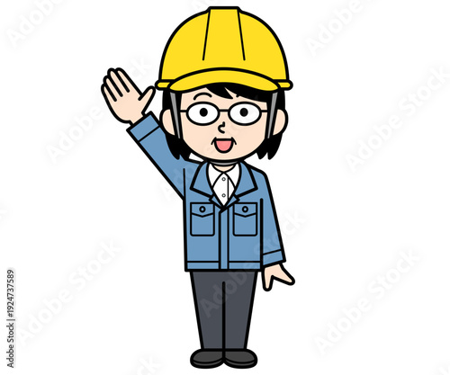 手を上げるヘルメットをかぶった現場監督の中年女性