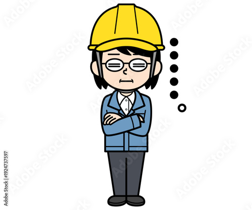 呆れているヘルメットをかぶった現場監督の中年女性