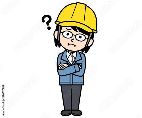 疑問に思うヘルメットをかぶった現場監督の中年女性