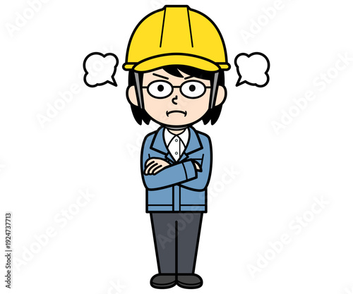 怒っているヘルメットをかぶった現場監督の中年女性