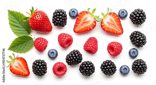 Fresh Mixed Berries Assortment Including Strawberries, Blueberries, Raspberries, Blackberries Scattered on White Background