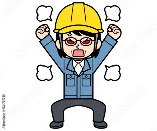 激怒するヘルメットをかぶった現場監督の中年女性