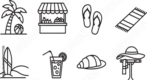 A collection of beach-themed icons showcasing various summer activities and items Vector