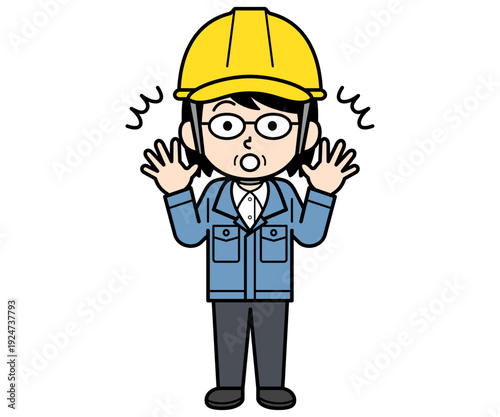 驚いているヘルメットをかぶった現場監督の中年女性