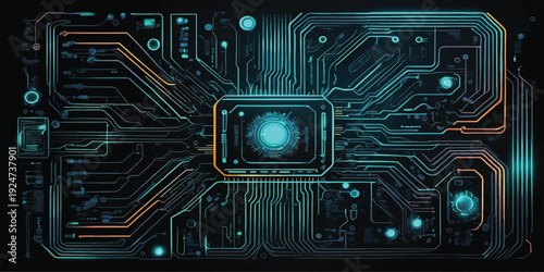 Advanced Circuit Board Technology Illustration with Glowing Processor Chips, Digital Data Lines and Futuristic Cyber Network Background Design.