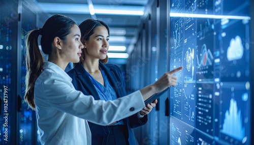 Two professional business women discussing while pointing at digital dashboard in data center, cloud computing infrastructure, modern corporate environment, blue tone lighting, realistic photography, 