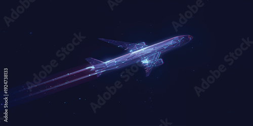 Futuristic Airplane Illustration with Glowing Digital Trails, Night Sky Background and High Speed Aviation Technology Concept Design.