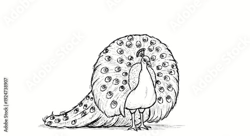 Peacock with feathers spread illustration drawing.