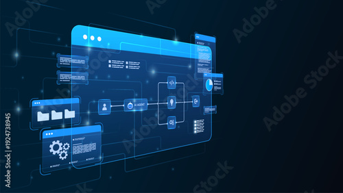 AI workflow automation artificial intelligence. ai agent network diagram flow dashboard machine learning architecture data pipelines, flow process, coding panels, analytics and automation system.