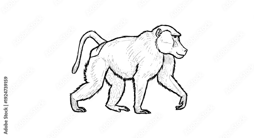 Obraz premium Black and White Monkey Sketch Walking.