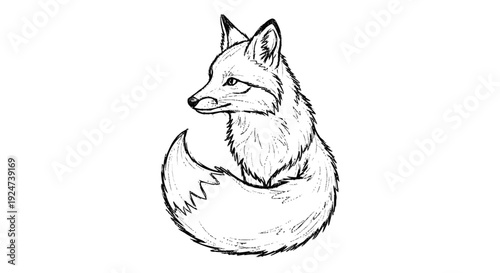 Curled up fox illustration black and white.