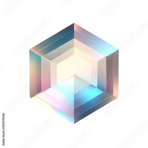 Hexagonal crystal prism with iridescent rainbow light refraction, subject isolated on transparent background
