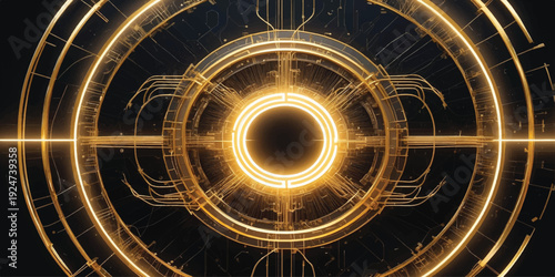 A futuristic digital wallpaper features an abstract blue fractal design with geometric circles, glowing light patterns, and spiral gears representing a tech science concept of time and sp