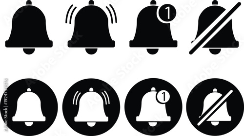 This black bell icon set presents a simple and modern silhouette that clearly represents alerts, notifications, and reminders. Designed in solid black with smooth curves and balanced proportions.