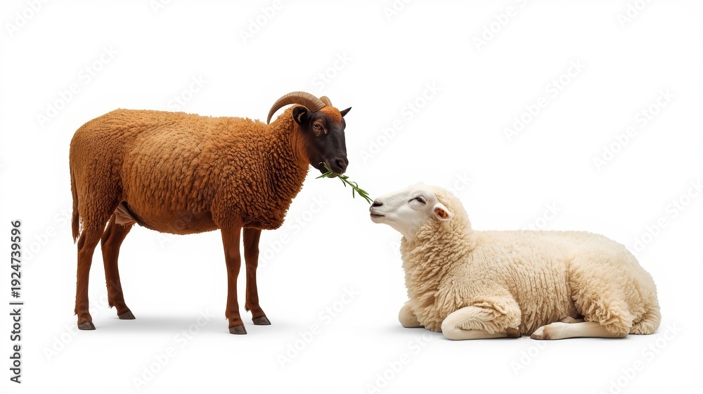Fototapeta premium A mother sheep feeding her young lamb with affectionate care in a serene setting.