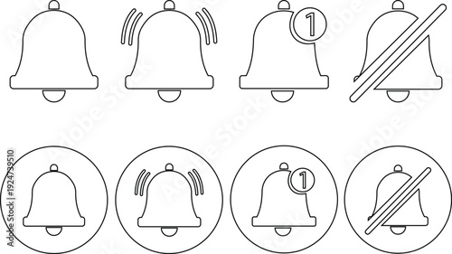 This black bell icon set presents a simple and modern silhouette that clearly represents alerts, notifications, and reminders. Designed in solid black with smooth curves and balanced proportions.