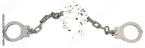 handcuffs chains break breaking isolated for background - 3d rendering