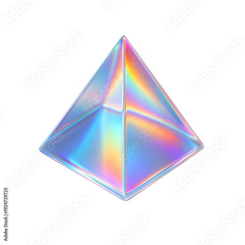 Glass pyramid with iridescent holographic shimmer and rainbow light play, isolated subject