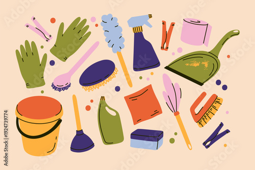 A set of home cleaning supplies in a cartoon doodle style featuring a cleaning cloth, brush, bucket, dustpan, gloves, and cleaning products. Vector illustration themed around house cleaning.