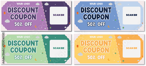 Set of Discount Coupon Ticket Templates with 50 Percent Off Gift Voucher Design