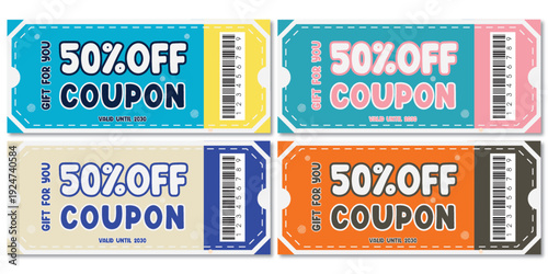 Set of Discount Coupon Ticket Templates with 50 Percent Off Gift Voucher Design