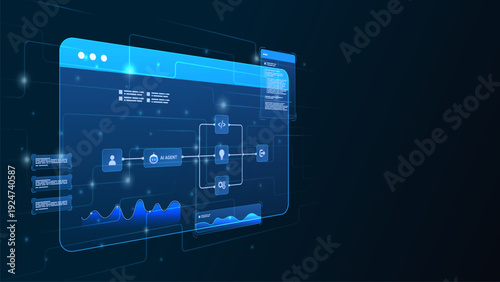 AI workflow automation artificial intelligence. ai agent workflow diagram dashboard with node input, flow process, analytic, database and automation system.