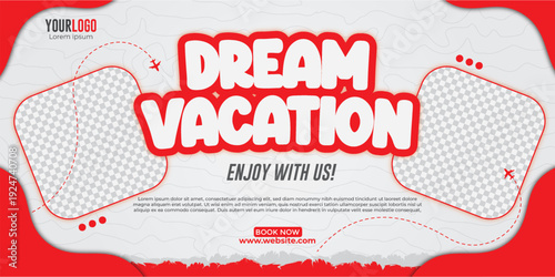 Bright Red Dynamic Travel Banner Template for Dream Vacation Marketing Campaign