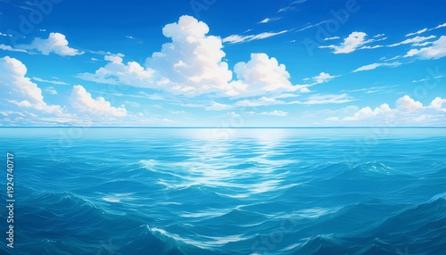 Cartoon Anime Style Ocean Sea Graphic Resource Illustration Calm Waters Blue Skies Background Generated Ai