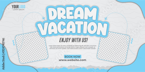 Light Blue Travel Promotion Banner Template for Summer Dream Vacation with Graphic Elements