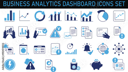 Business analytics dashboard icons set, financial charts, data reports, warning alerts, investment growth, piggy bank savings, blue editable vector illustration