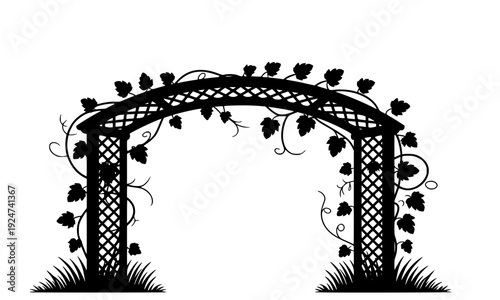 Black silhouette of a decorative garden arch trellis covered with climbing vines and leaves, a classic botanical illustration perfect for wedding, garden, and landscape design projects.