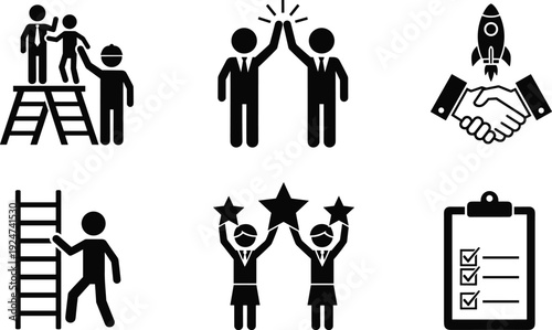 Set of business success icons including team high five partnership handshake rocket launch career ladder and checklist isolated on white background for design