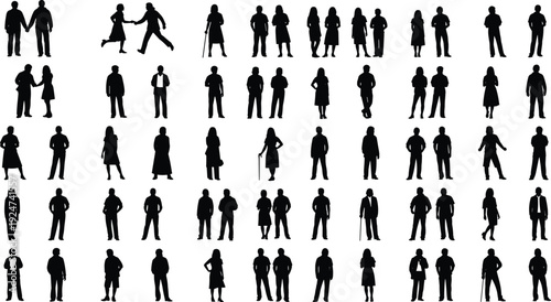 Large set of diverse people silhouettes including couples holding hands seniors with canes and standing individuals isolated on white background for graphic design