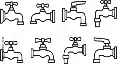 Eight different styles of faucets displayed in a two by four grid pattern. Vector