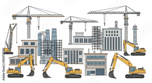 Construction site with cranes and excavators, building new structures and infrastructure.