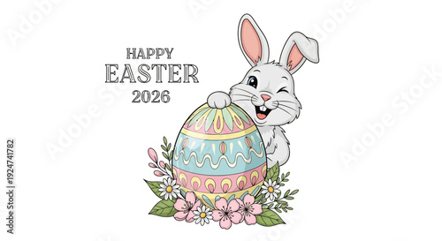 Vector illustration of a cheerful Easter bunny peeking out from behind a colorful decorated egg surrounded by flowers on a white background with a Happy Easter 2026 greeting in a playful