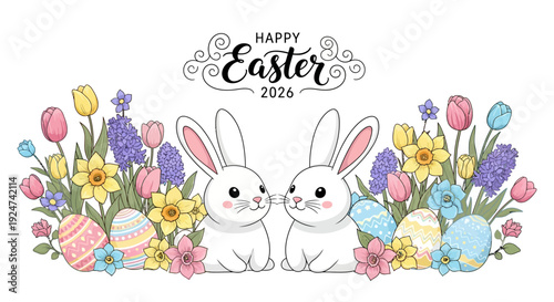 Illustration of two white Easter bunnies surrounded by colorful flowers and eggs on a pastel Easter background with a Happy Easter 2026 greeting.