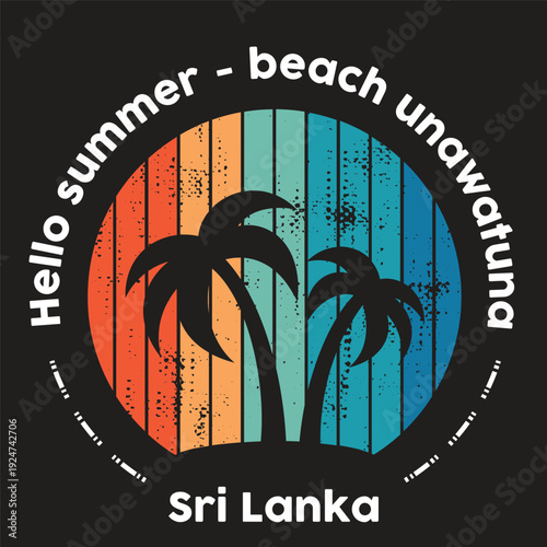 Hello summer beach vacation Sri Lanka palm trees silhouette circle design isolated on transparent background