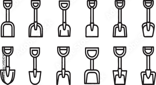 A collection of various shovel designs and shapes illustrated in black and white Vector
