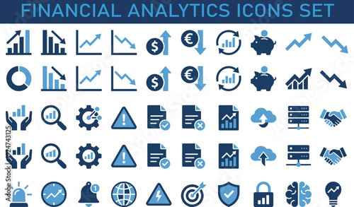 Financial analytics icons set, business growth charts, currency exchange dollar euro, cloud storage, data security, alert warning, investment strategy blue vector illustration